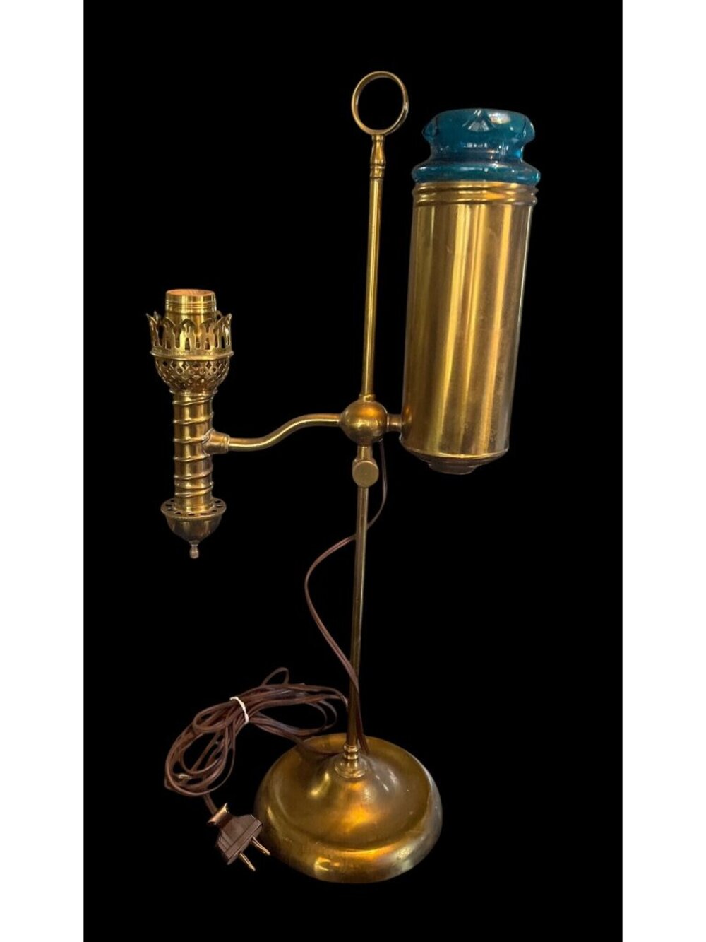 Antique Manhattan Brass Co. Parlor Student Lamp Aqua Blue Oil Reserve Glass Tank